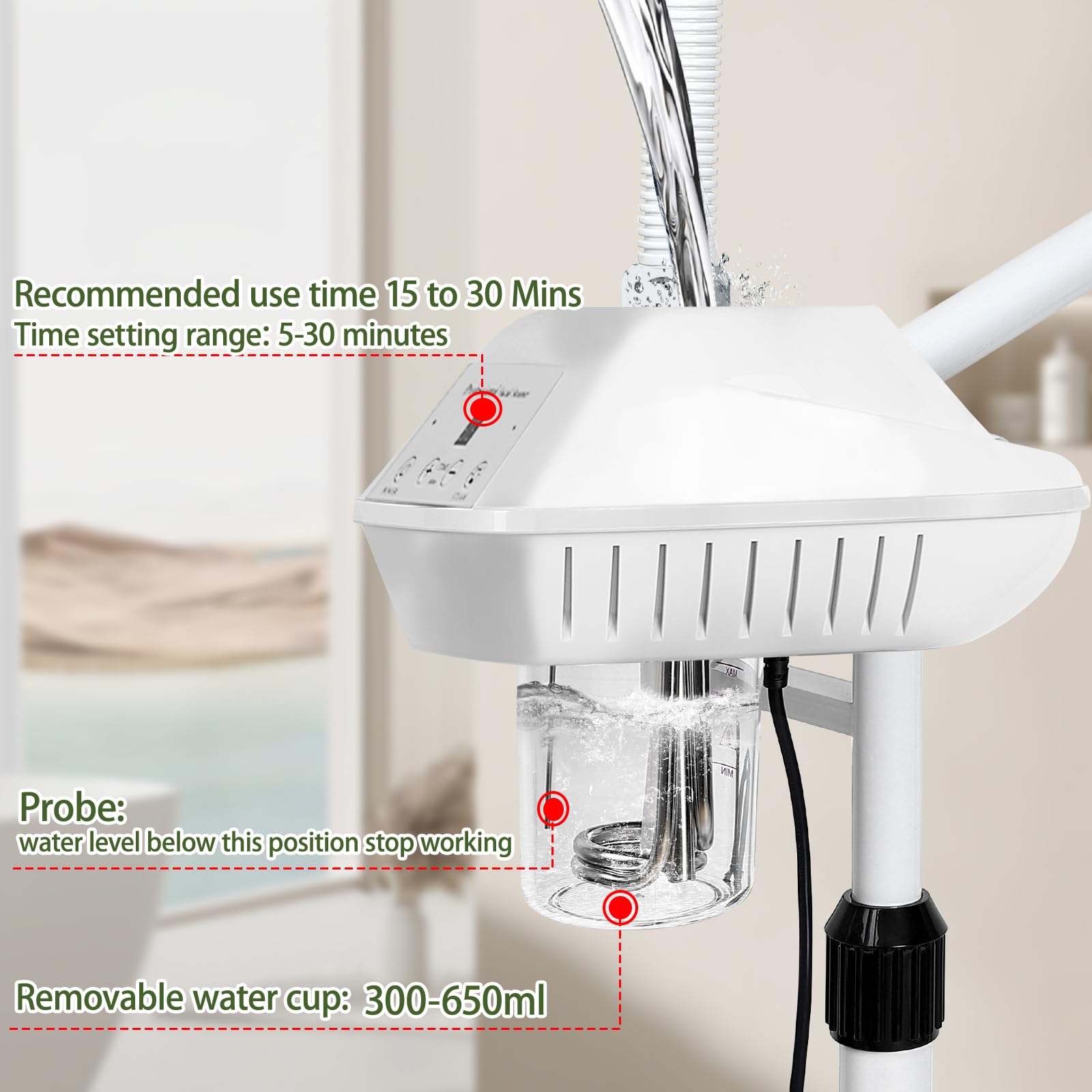 Salon Señor standing facial steamer shown at its adjustable height for versatile home spa.