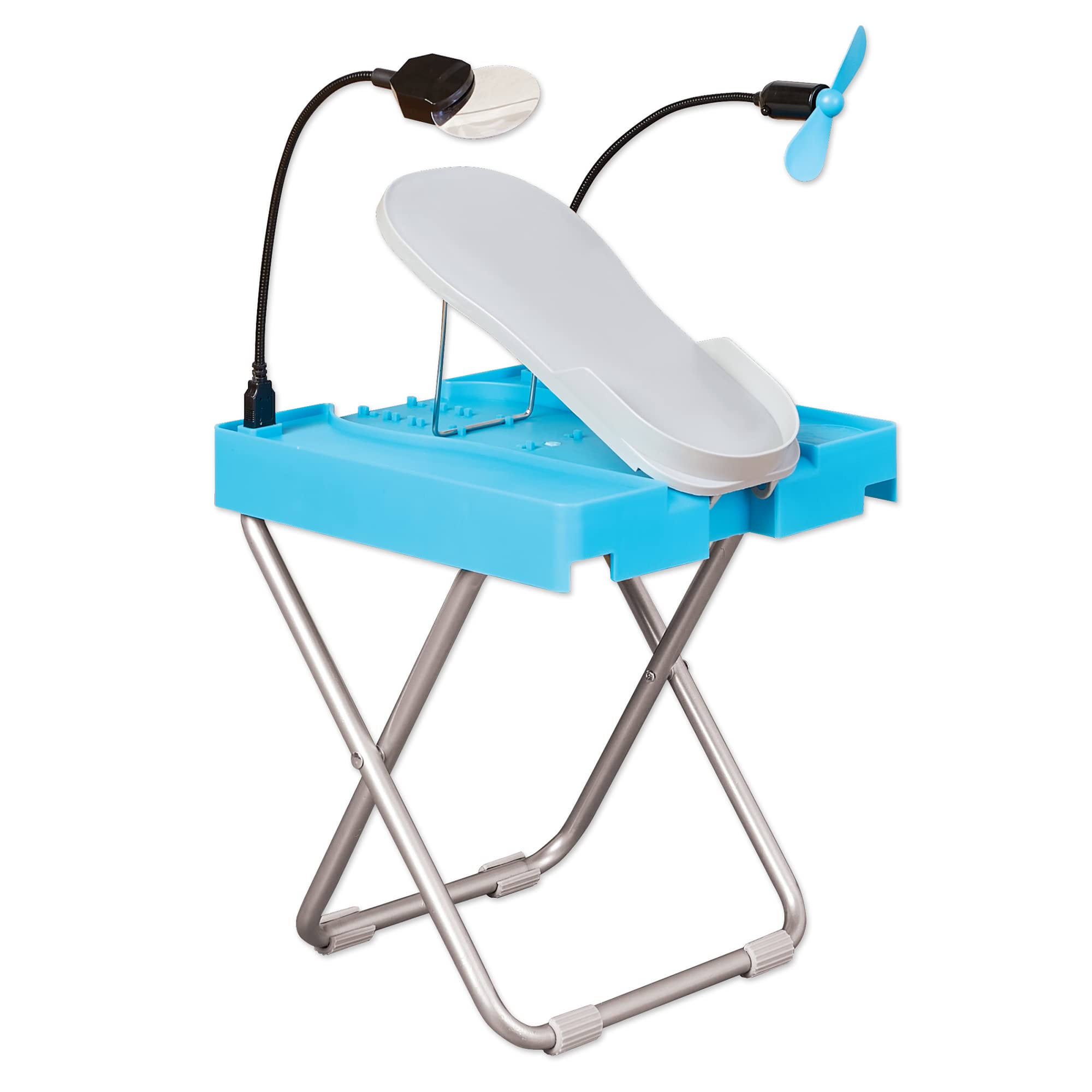 Salon Step LED magnifier and drying fan for precise, mess-free nail care.