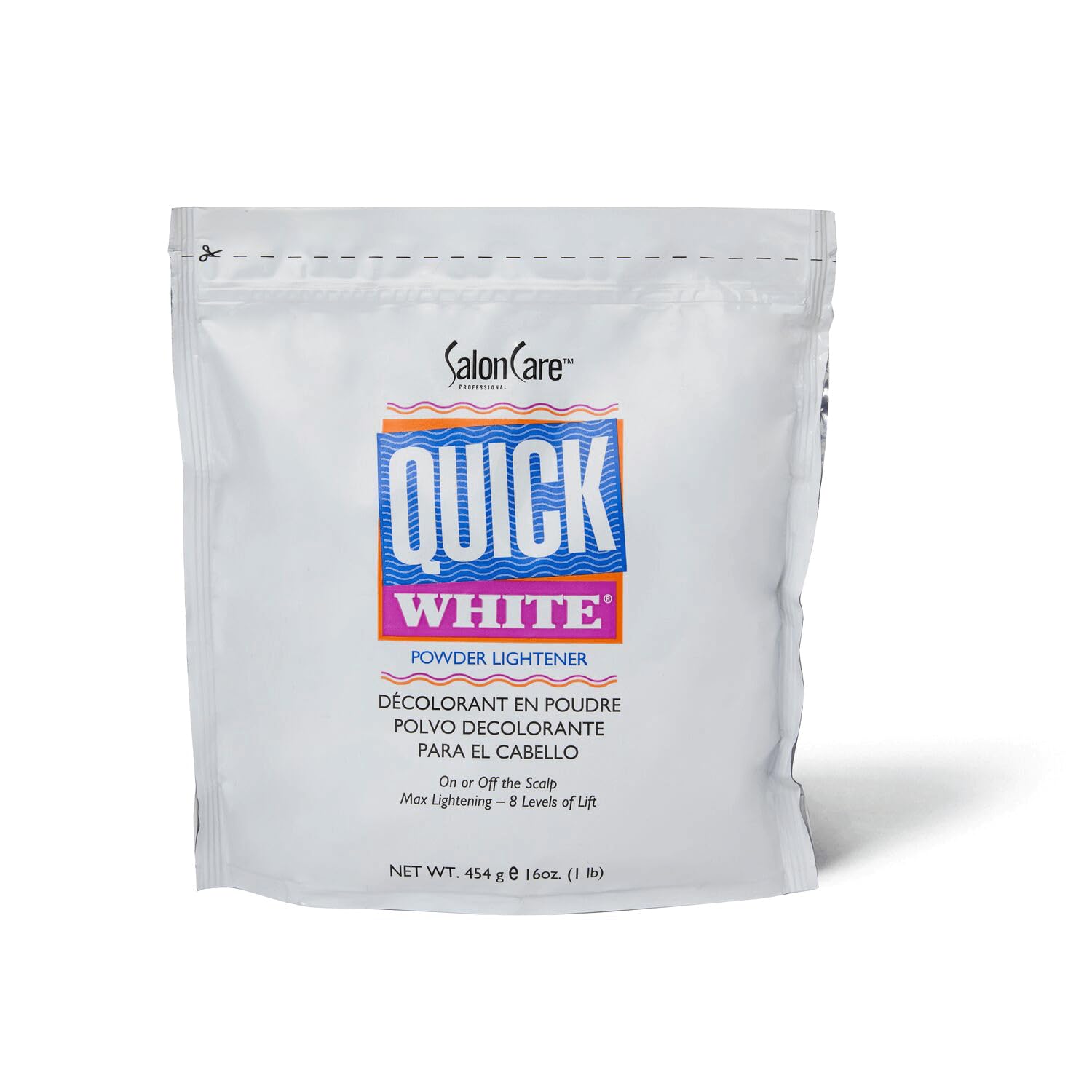 Salon Care Quick White Powder Lightener packaging highlights professional quality for at-home blonding