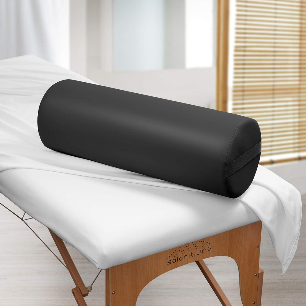 Saloniture jumbo round bolster with zippered case facilitates easy maintenance.
