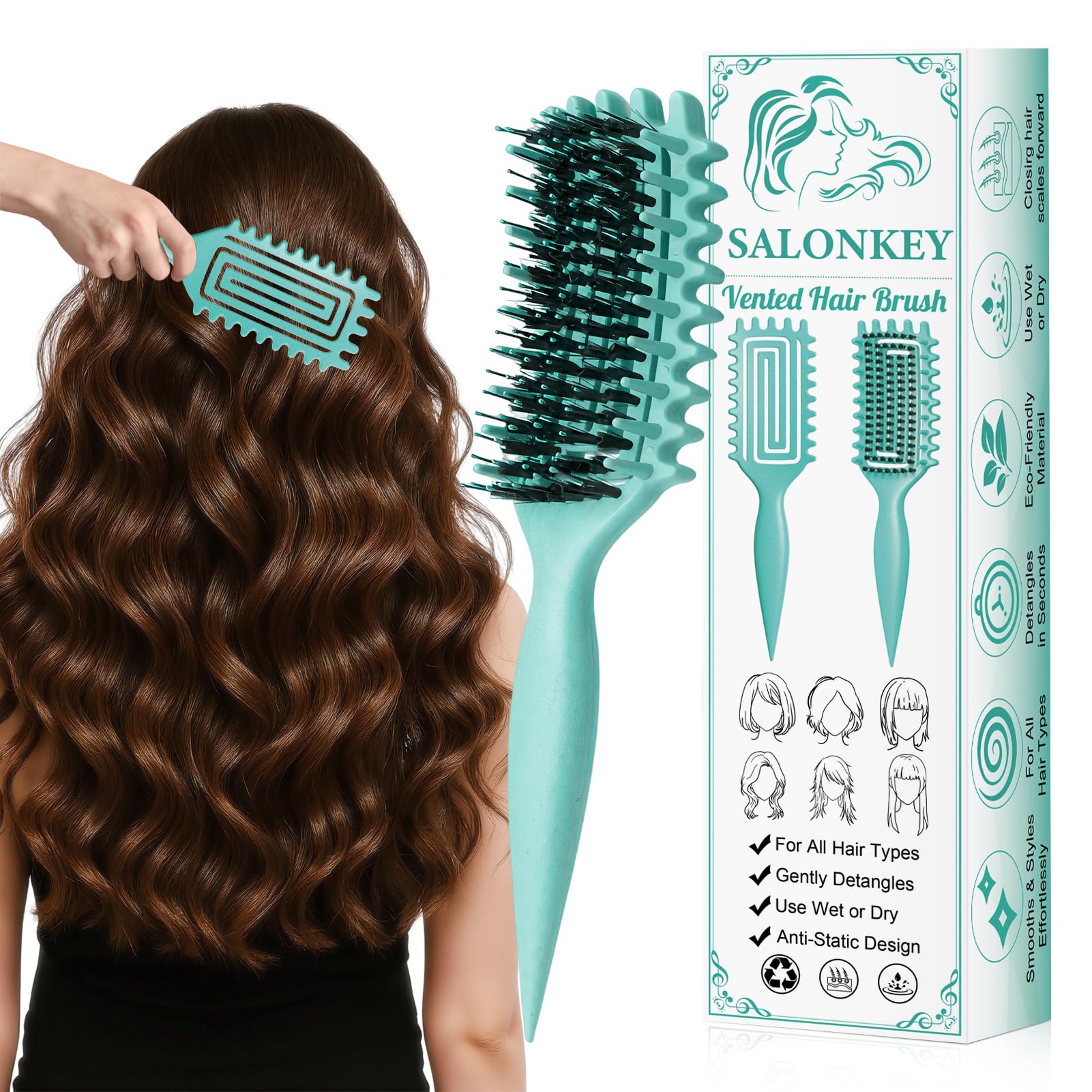 SALONKEY Curl Defining Brush with wide teeth shapes curls and reduces frizz.