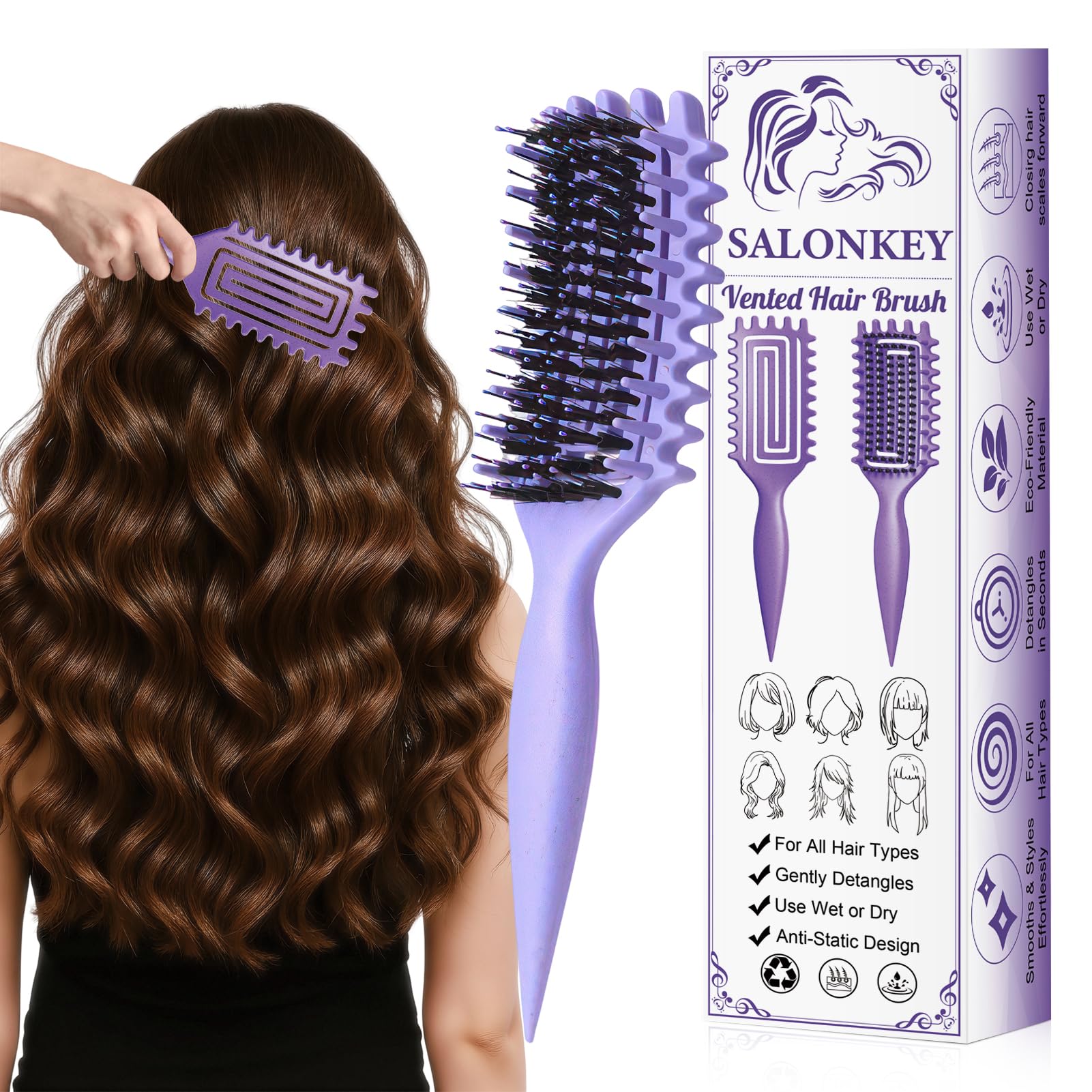 SALONKEY Curl Defining Brush with wide teeth shaping curls and reducing frizz.