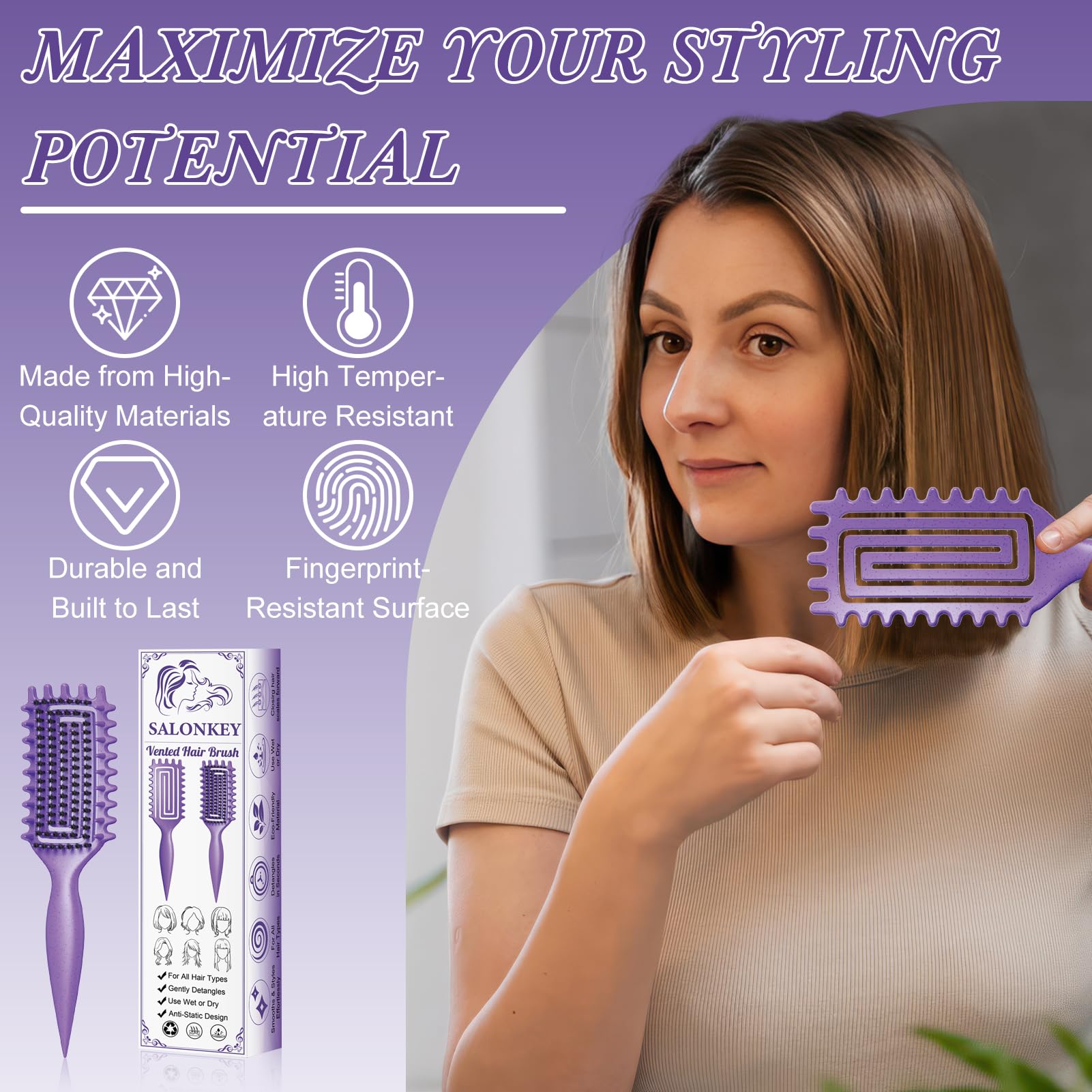 SALONKEY brush supports wet or dry use for versatile styling.