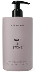 Salt and Stone Black Rose and Oud lotion bottle front, sleek unisex design for daily hydration.