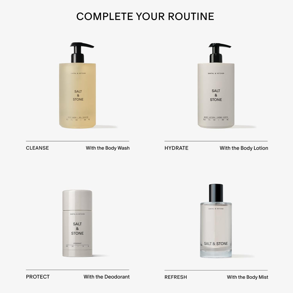 Salt & Stone Body Mist in action, misting in a forest setting.