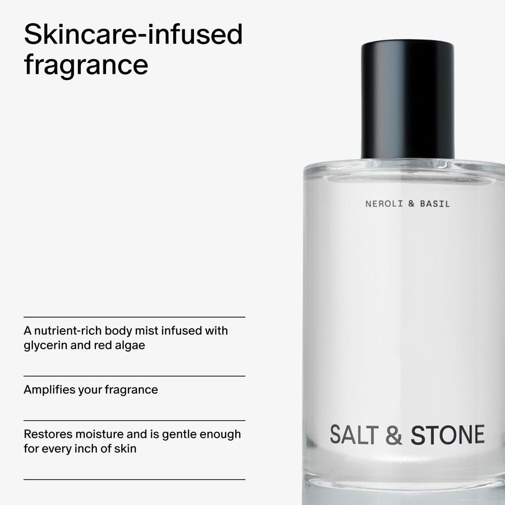 Salt & Stone Body Mist ingredients closeup emphasizes glycerin and red algae for hydration.