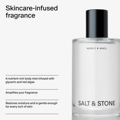 Salt & Stone Body Mist ingredients closeup emphasizes glycerin and red algae for hydration.