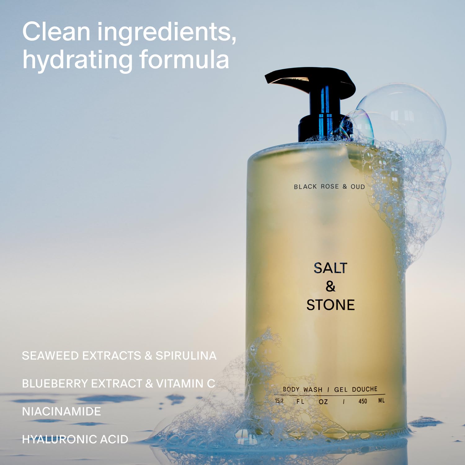Close-up of a rich, creamy lather from Salt & Stone body wash