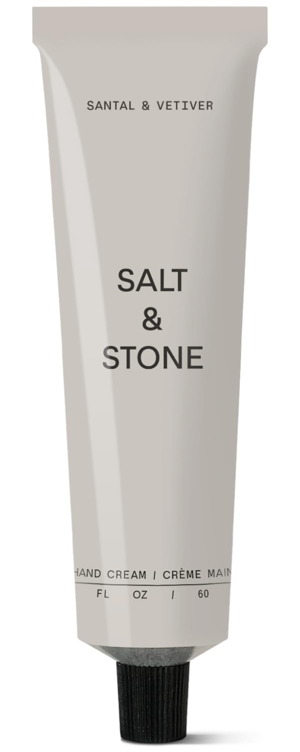 Salt & Stone hand cream in Santal Vetiver 2oz bottle ready for daily use, hydrating on contact