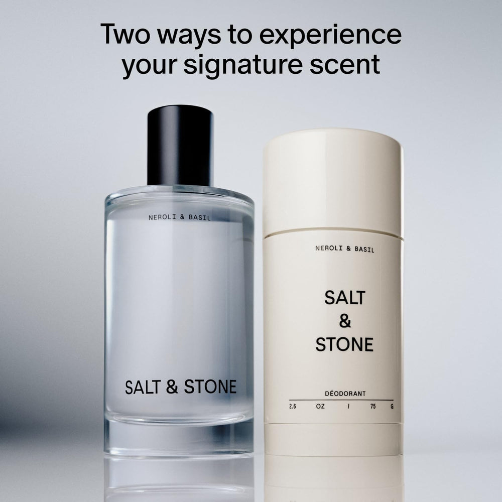 Salt & Stone Neroli & Basil deodorant bottle, crisp scent for daily freshness.