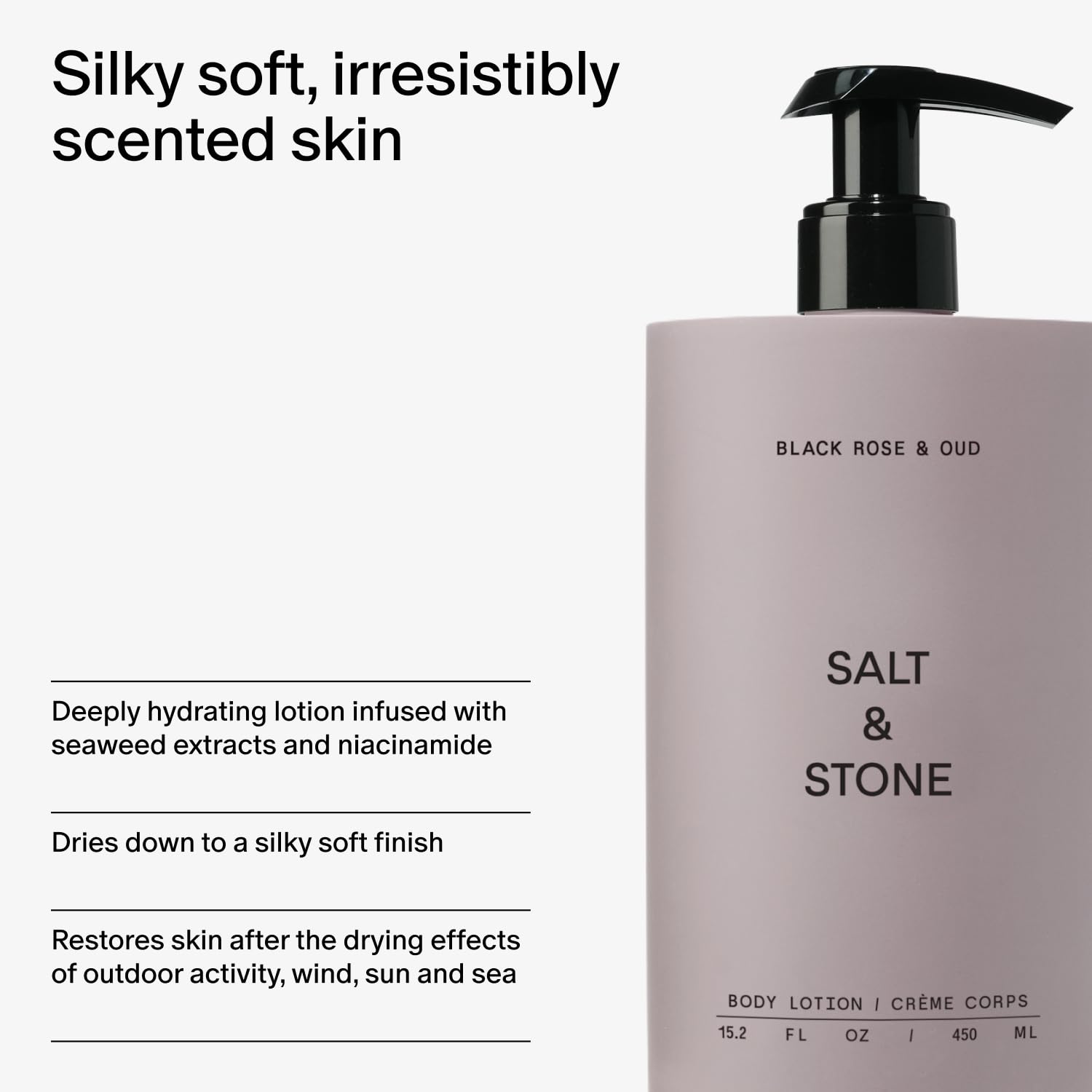 Salt and Stone seaweed and niacinamide ingredients iconography supports moisture and skin defense.