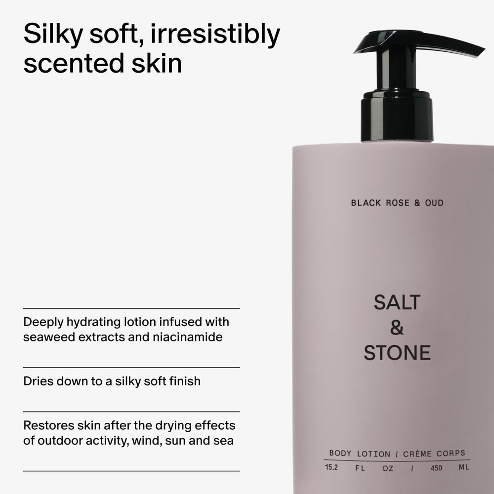 Salt and Stone seaweed and niacinamide ingredients iconography supports moisture and skin defense.
