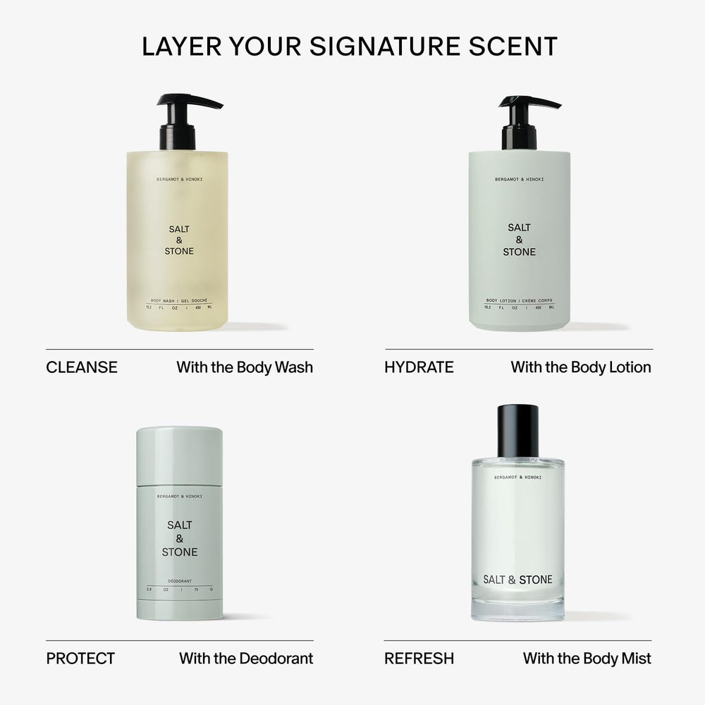 Bathroom shelf setup featuring Salt & Stone Bergamot & Hinoki body wash.