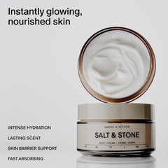 Close-up of Salt & Stone body cream texture showing rich consistency