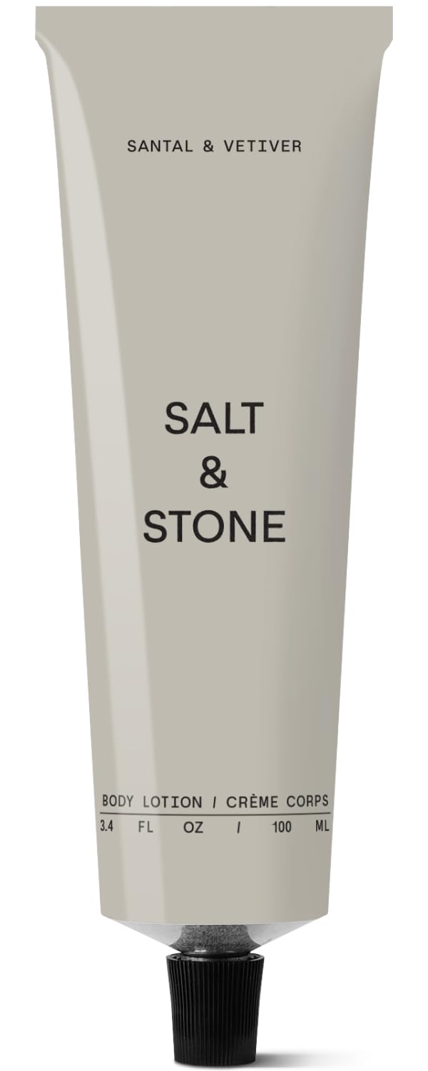 Salt & Stone body lotion bottle with Santal & Vetiver for deep hydration.