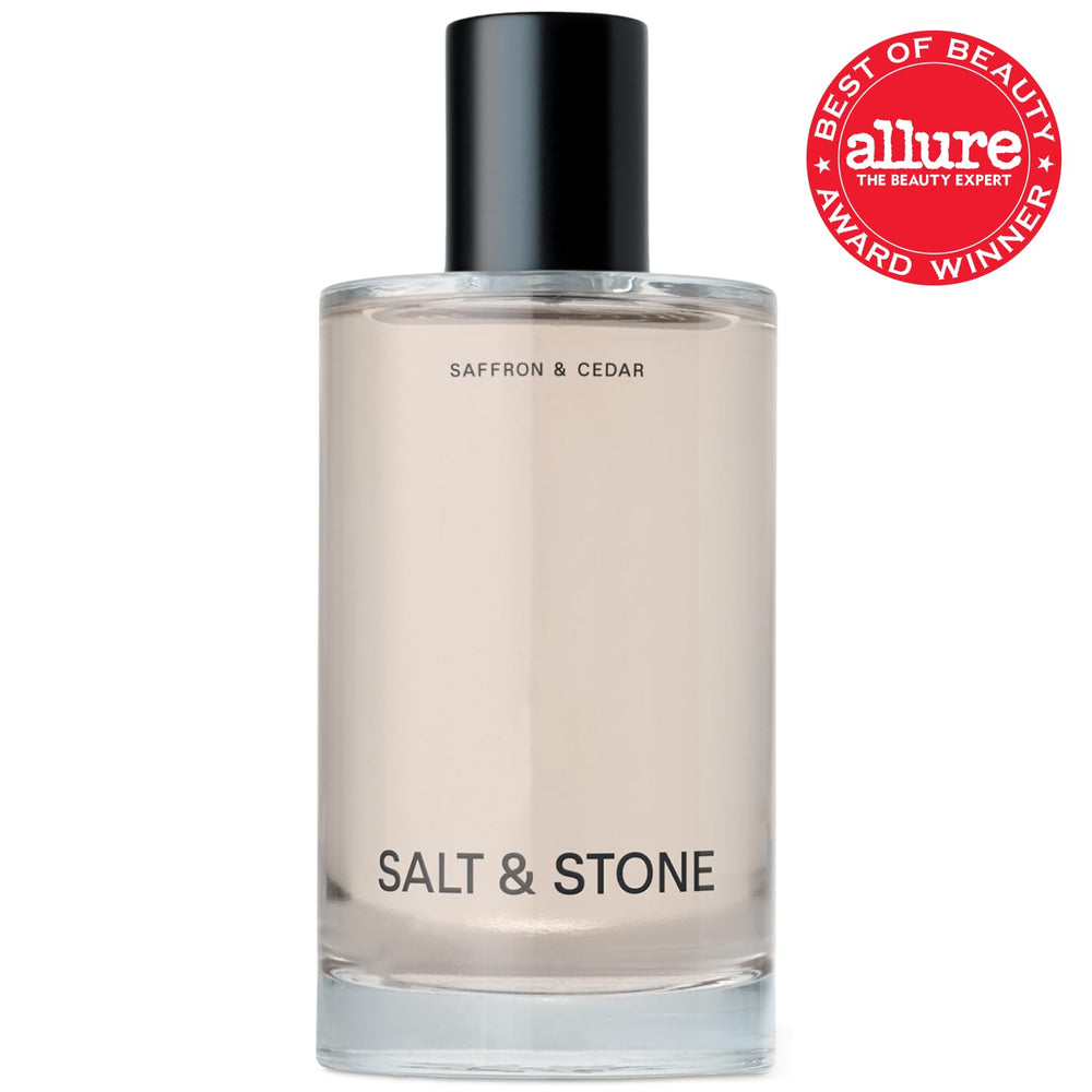 Salt & Stone Body Mist saffron cedar algae-ingredient highlights skin and hair friendly formula.