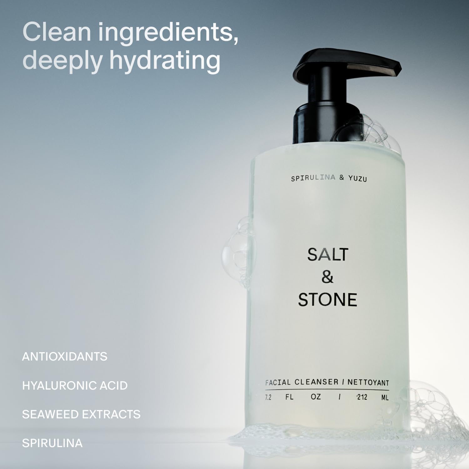 Salt & Stone Spirulina-Yuzu foam cleanses with refreshing texture.