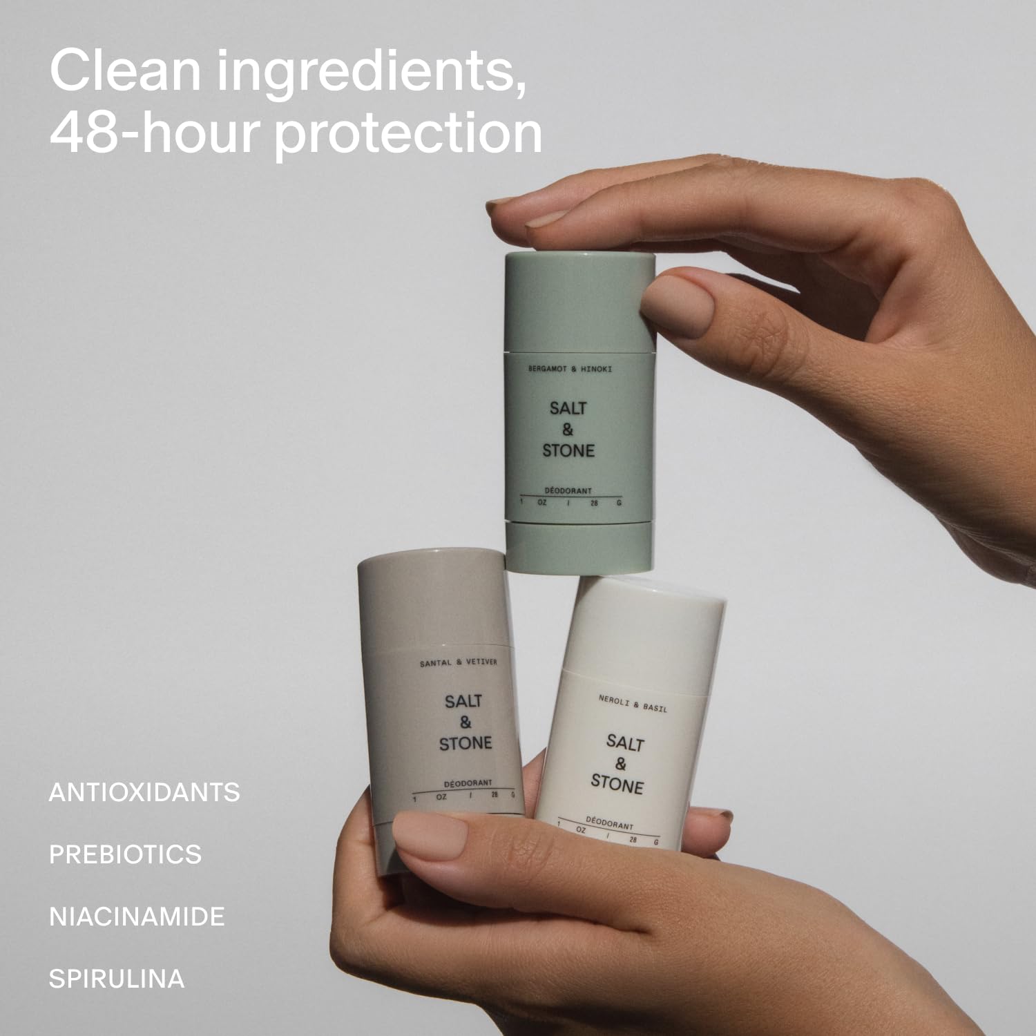 Salt & Stone deodorant glide shows smooth, residue-free application.