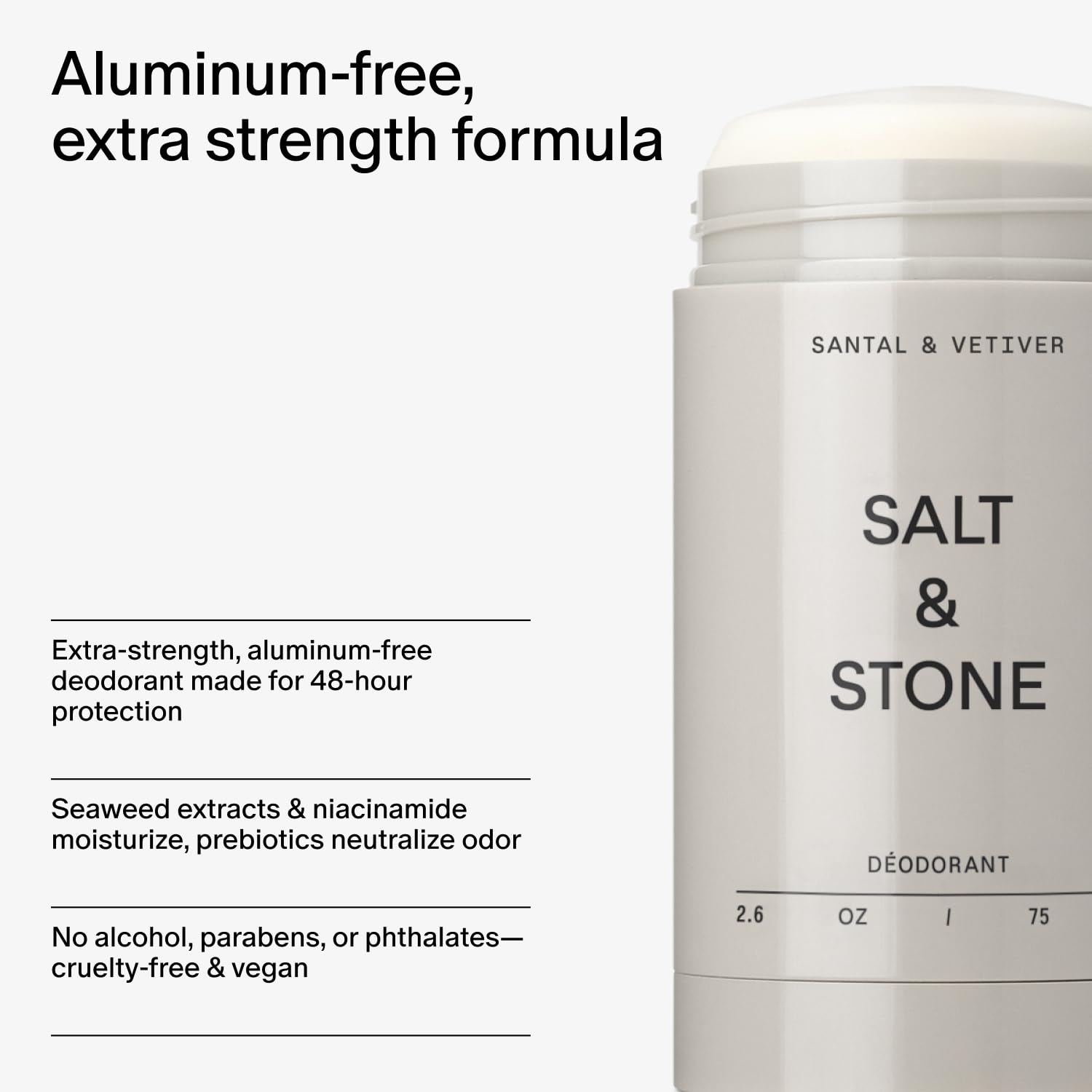 Salt & Stone desodorante sin aluminio, extractos marinos para piel hidratada.