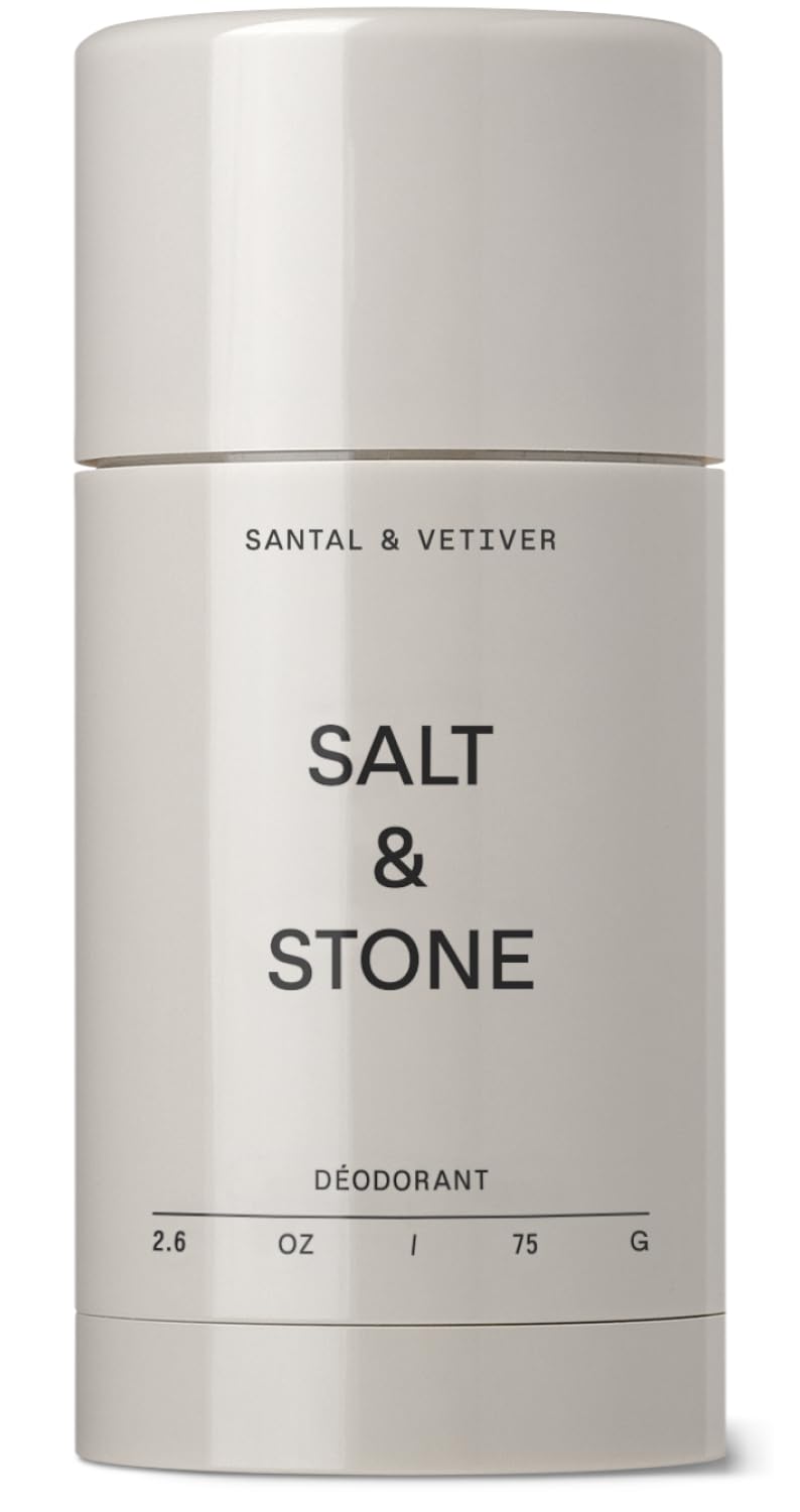 Salt & Stone desodorante sin aluminio, vista frontal del envase, protección duradera.
