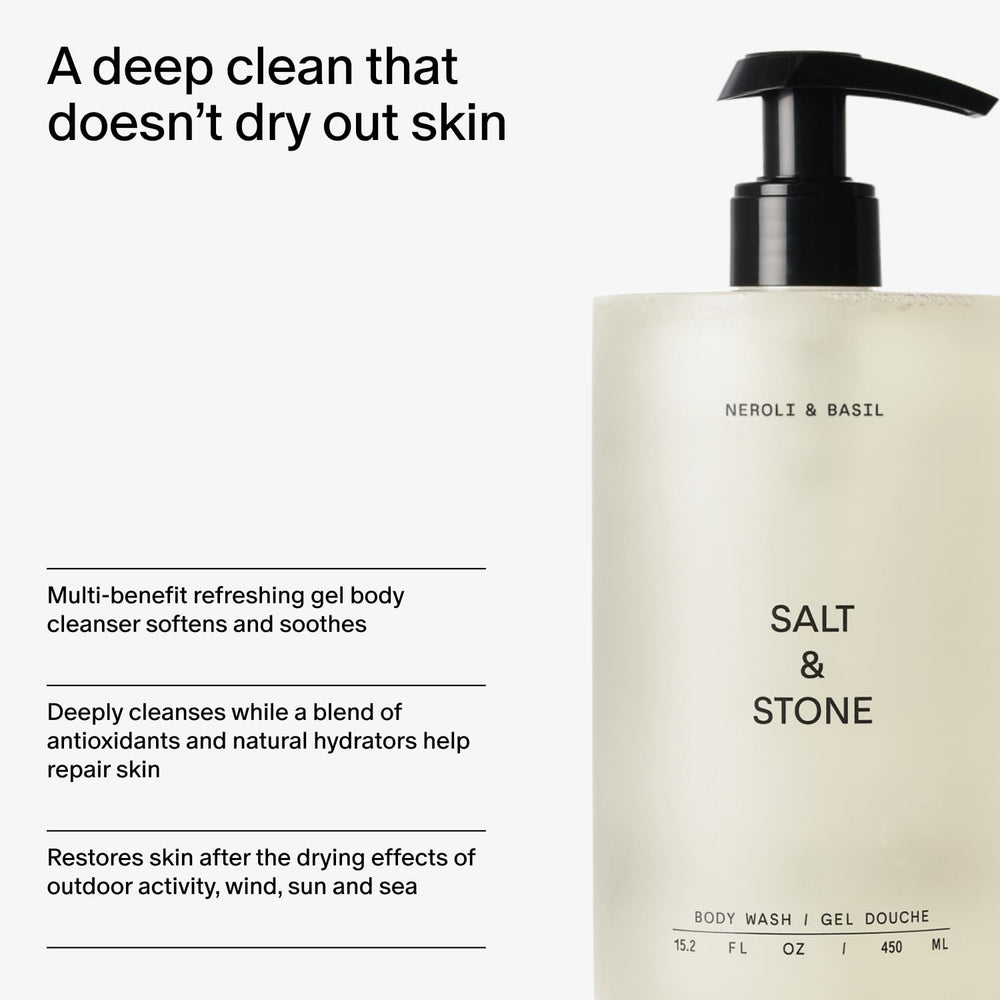 Salt & Stone Neroli Basil bottle shows seaweed extracts for hydration.