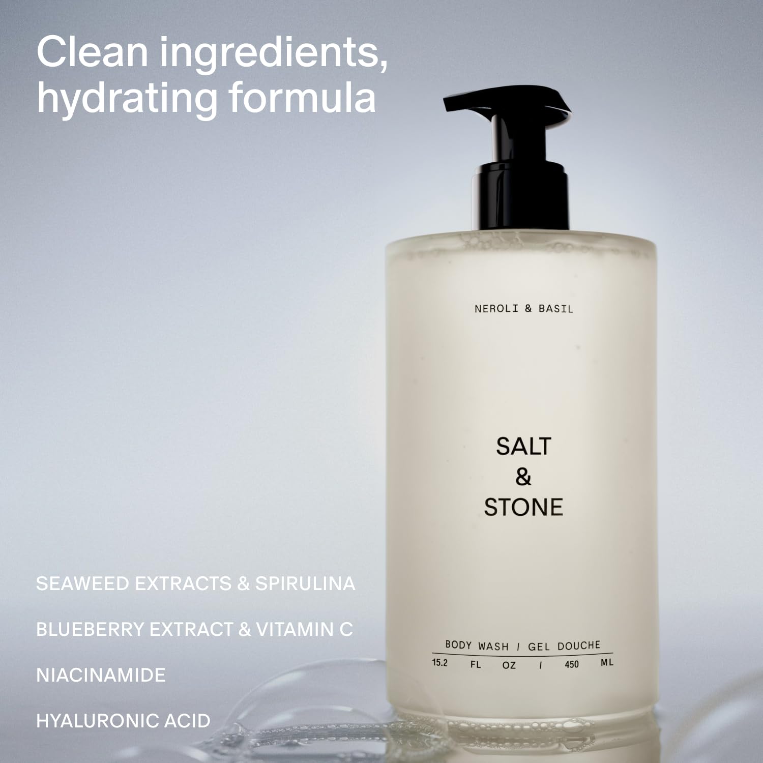 Salt & Stone Neroli Basil lush lather close-up for hydrating cleanse.
