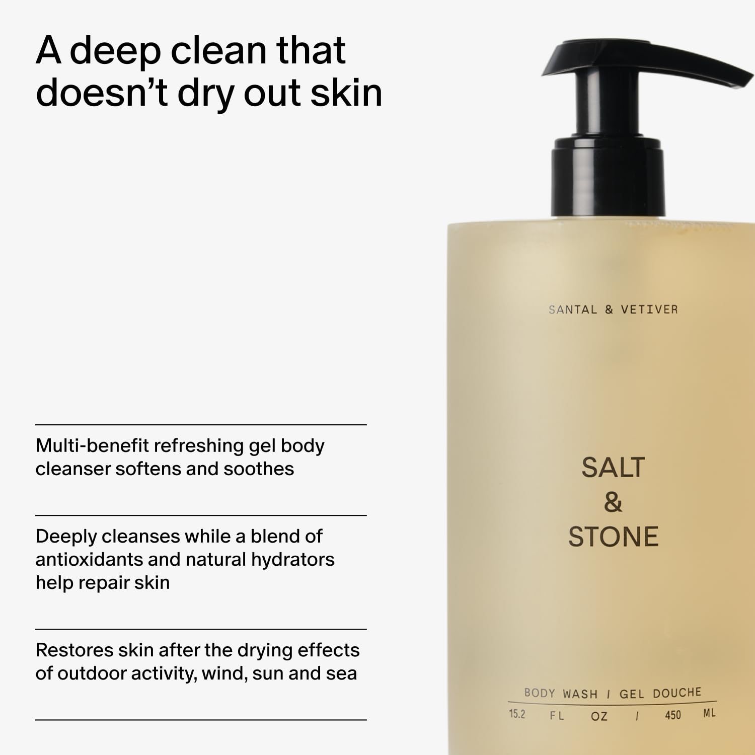 Salt and Stone Santal Vetiver seaweed and Vitamin C visuals suggest nourishing botanicals.