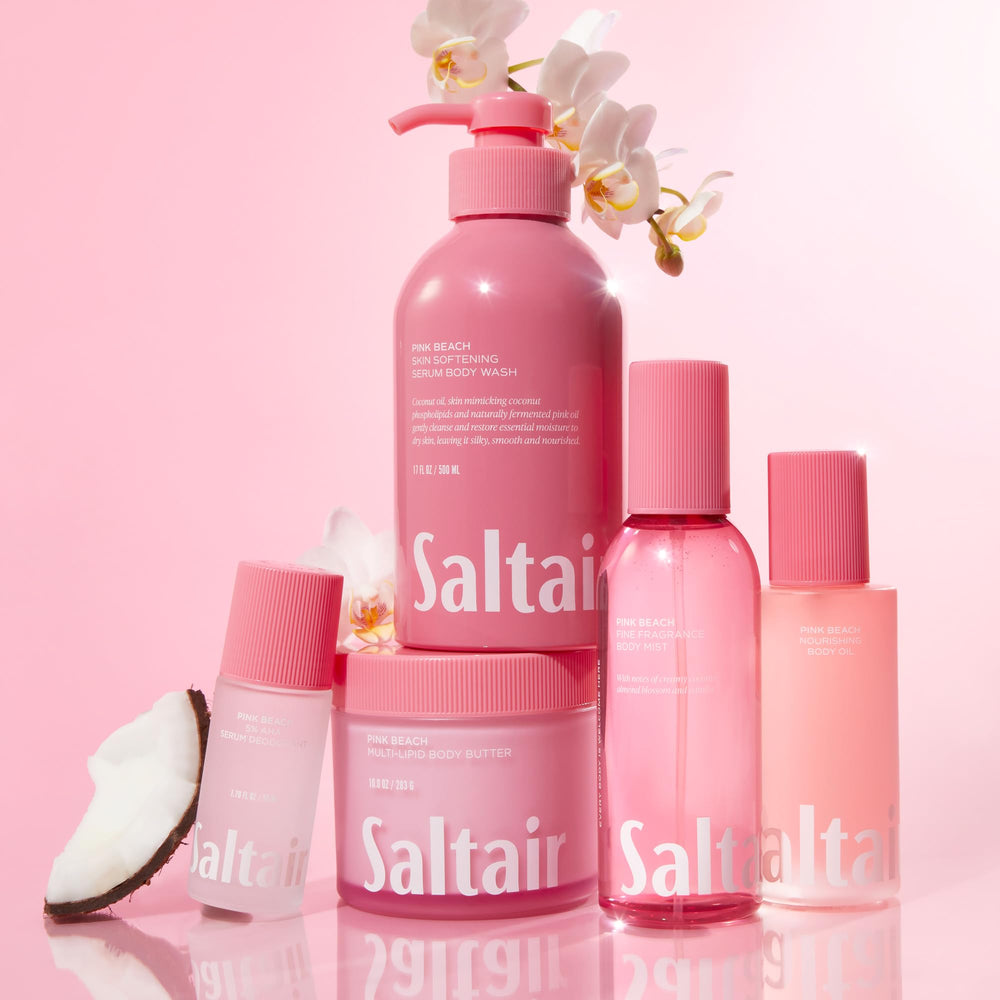 Saltair bathroom shelf setup implies spa-inspired self-care routine.