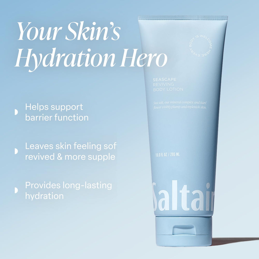 Saltair body lotion texture closeup shows creamy hydration