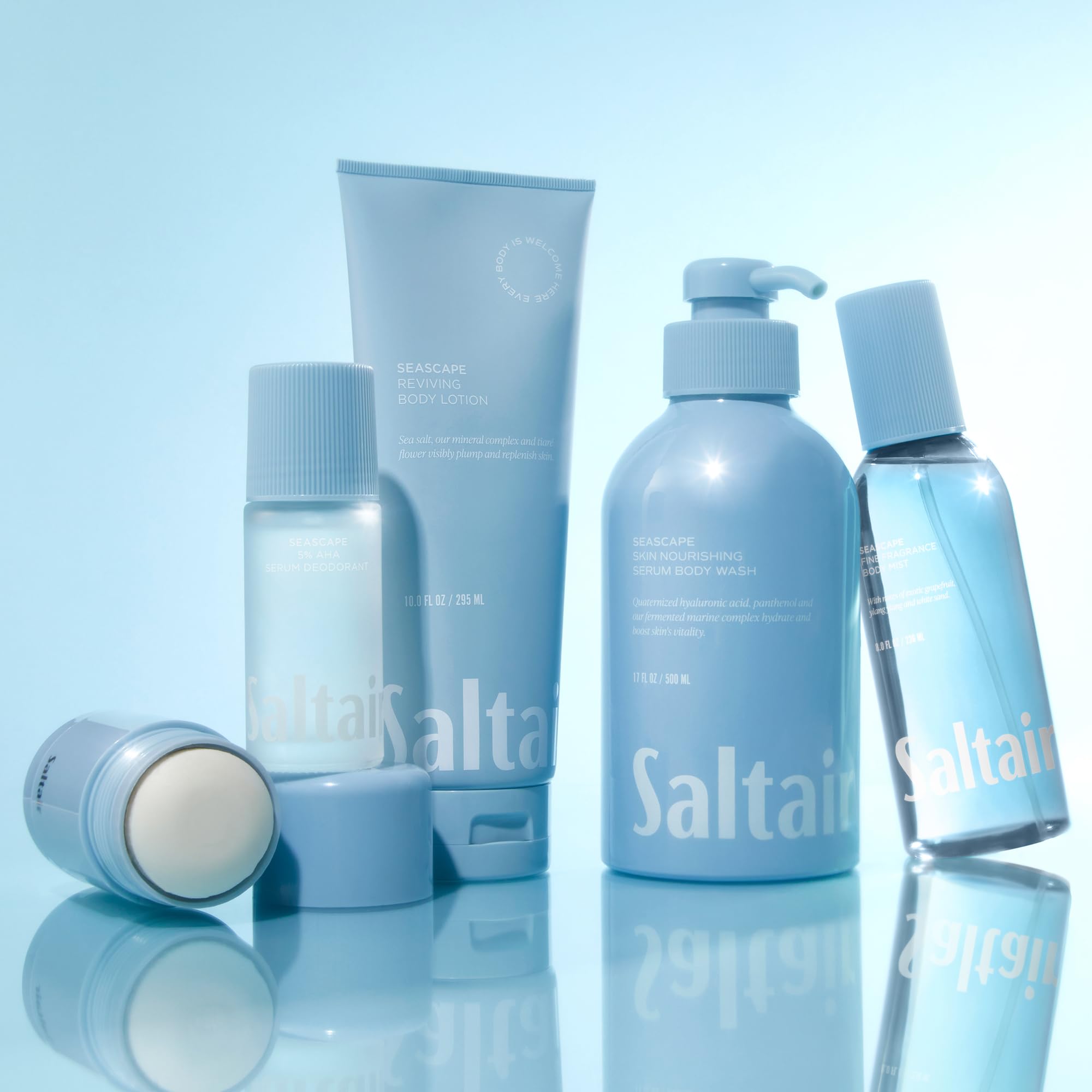 Shower shelf view of Saltair Seascape packaging and texture