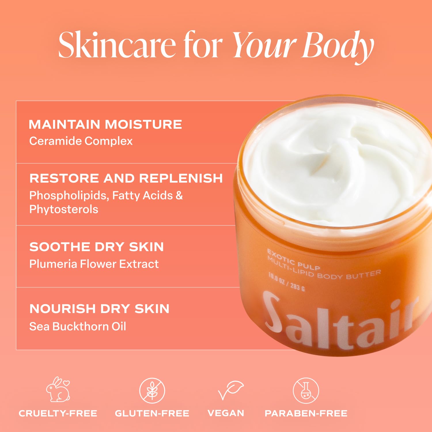 Saltair Multi-Lipid Body Butter with coconut oil and shea butter, nourishing the skin.