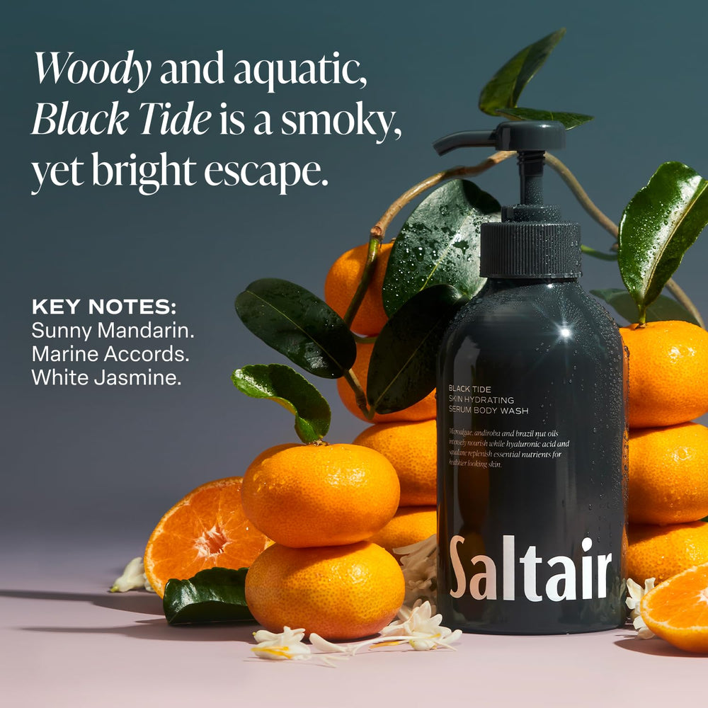 Hands applying Saltair body wash, showcasing moisturizing, skin-softening benefits.