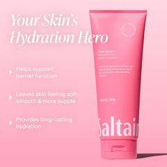 Saltair Pink Beach bottle cap, tropical scent with lasting hydration.