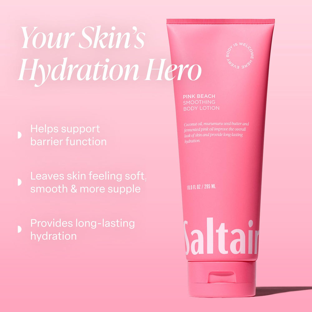 Saltair Pink Beach Lotion tubes side view highlighting portable moisture for travel.
