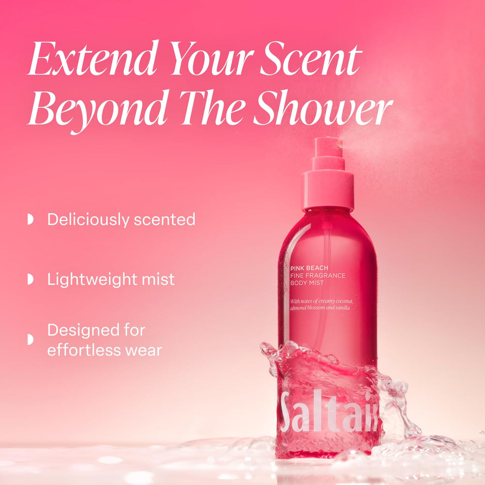 Saltair Pink Beach mist being sprayed for quick, non-greasy refresh on skin