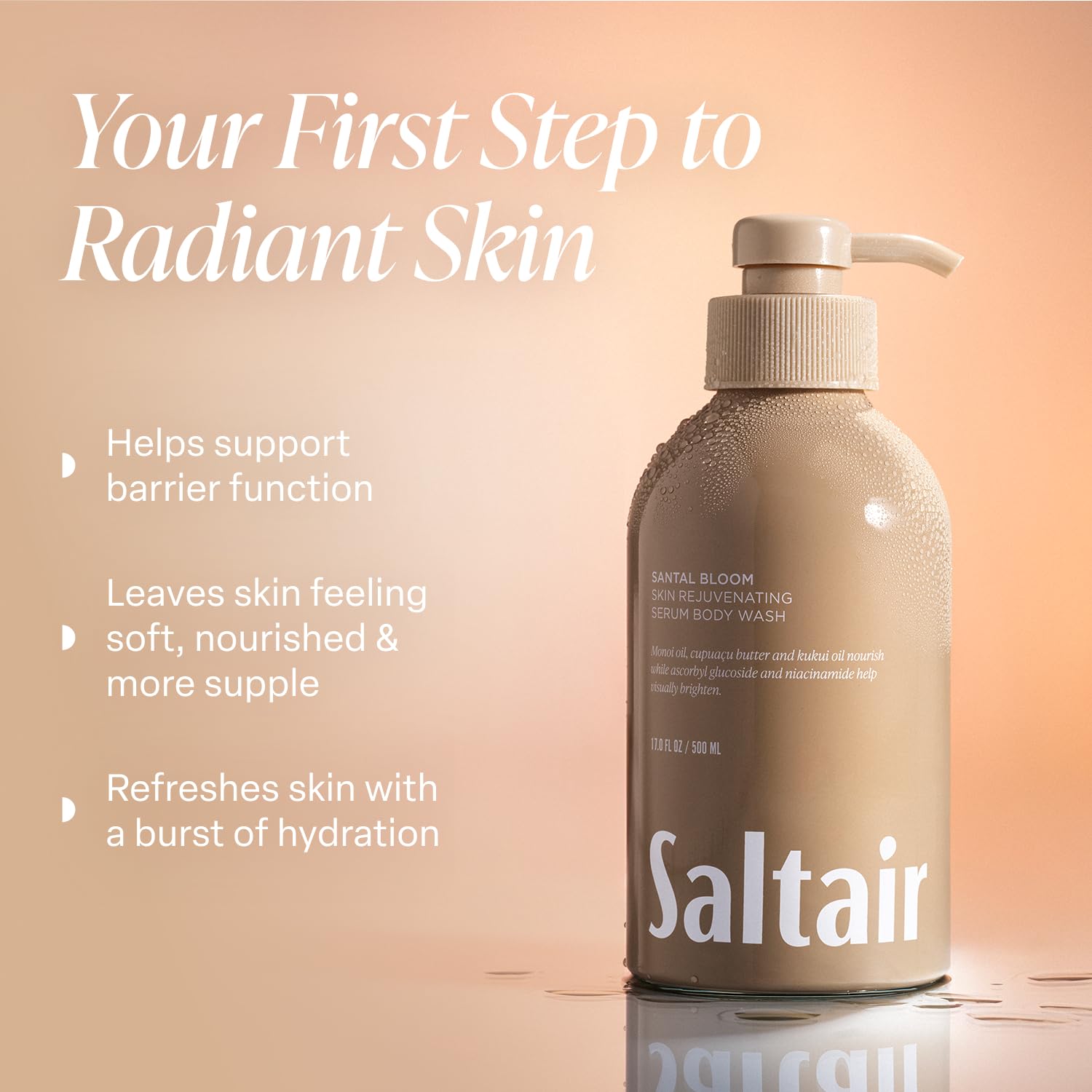 Close-up of creamy lather from Saltair Santal Bloom shower gel.