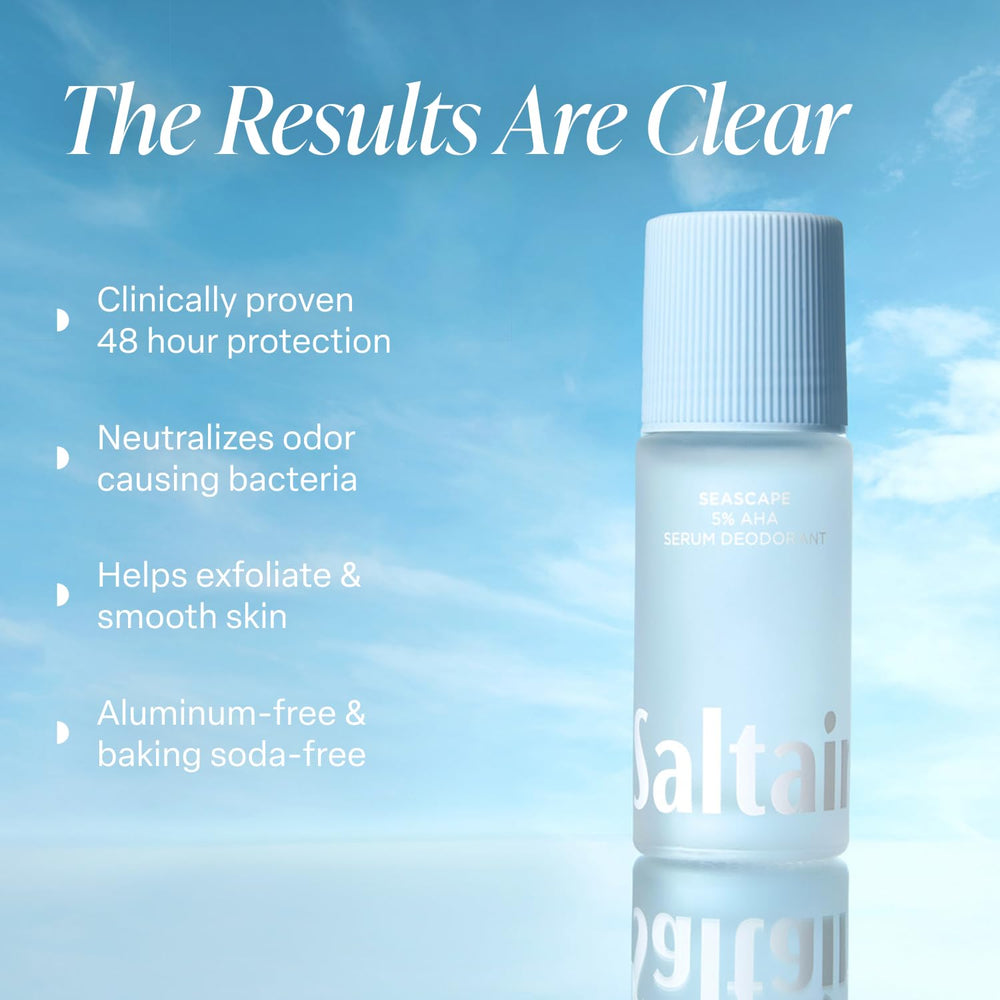 Saltair Serum Deodorant Seascape roll-on on the go for fresh, aluminum-free application.