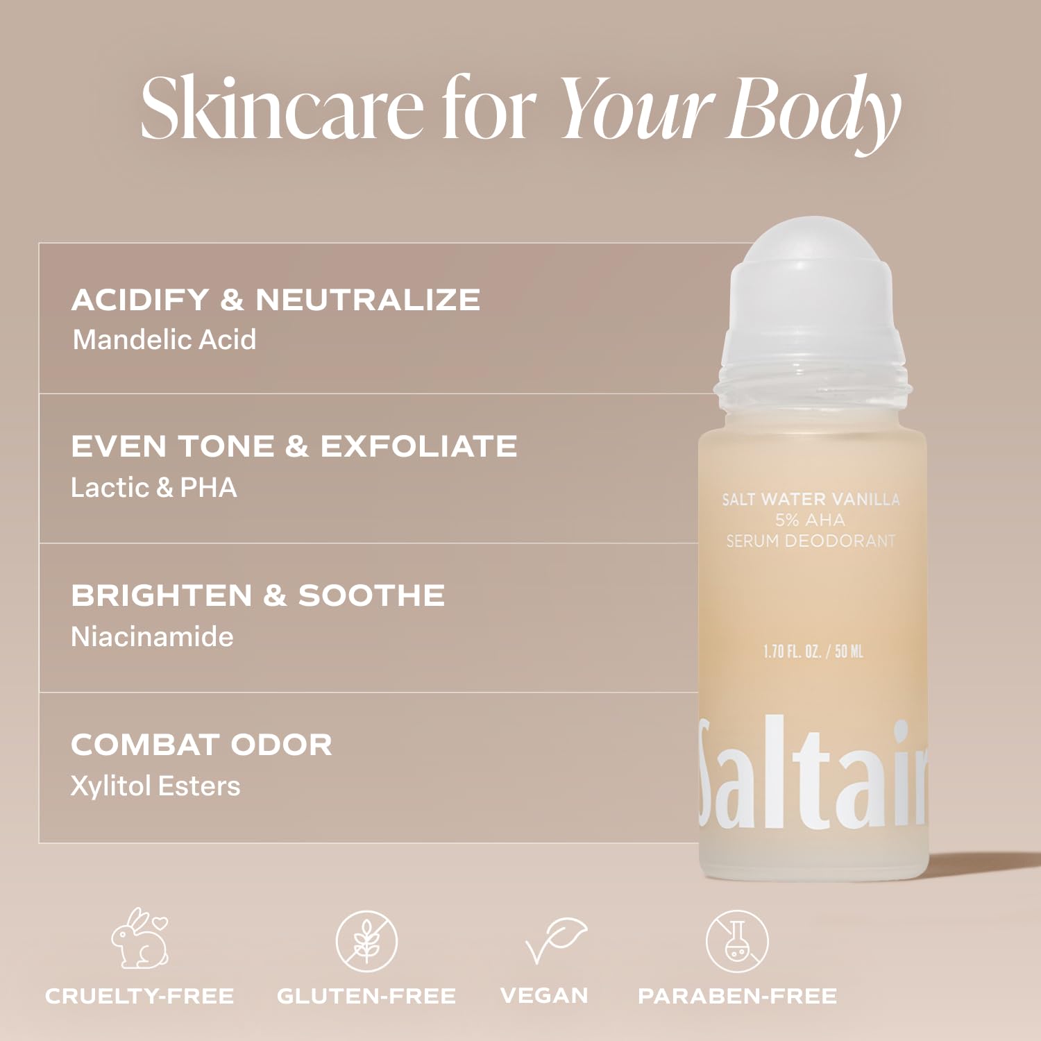 Saltair Serum Deodorant mandelic and lactic acids exfoliate softly