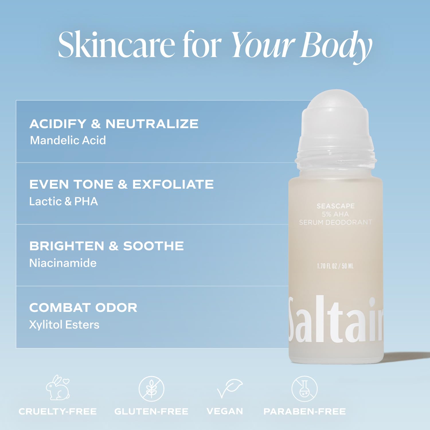 Saltair Serum Deodorant Seascape packaging emphasizes vegan, cruelty-free body care values.