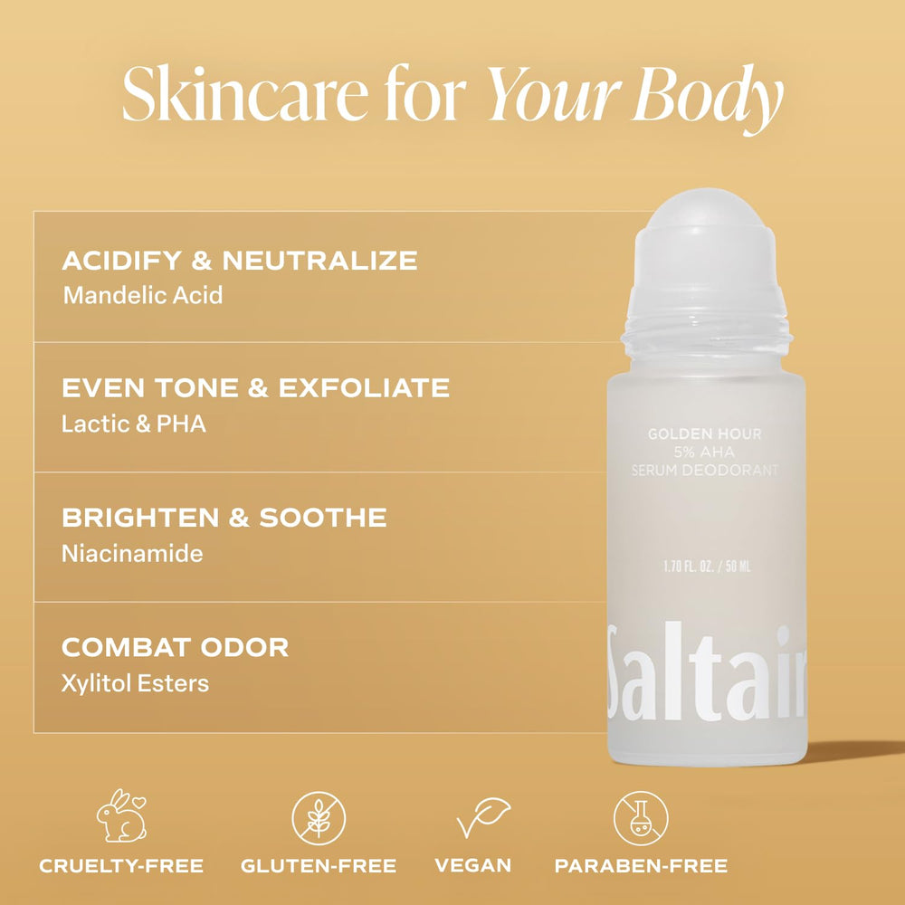 Saltair Serum Deodorant promotes smoother-looking underarm skin with mandelic and lactic acids.