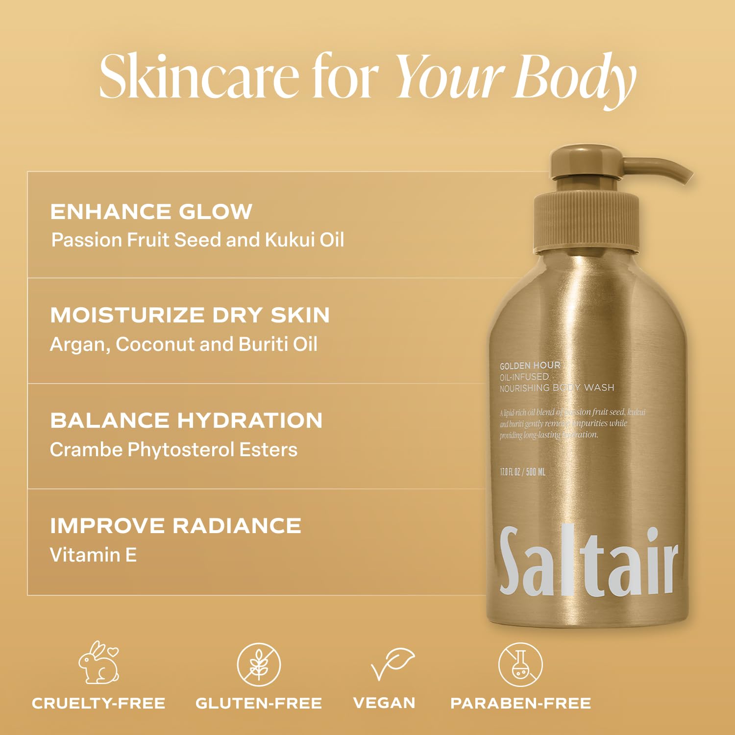 Saltair phytosterol esters and oil blend nourish skin during cleanse.