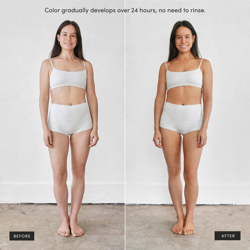SALTYFACE tanning foam applied to arm with front-to-back blending technique.