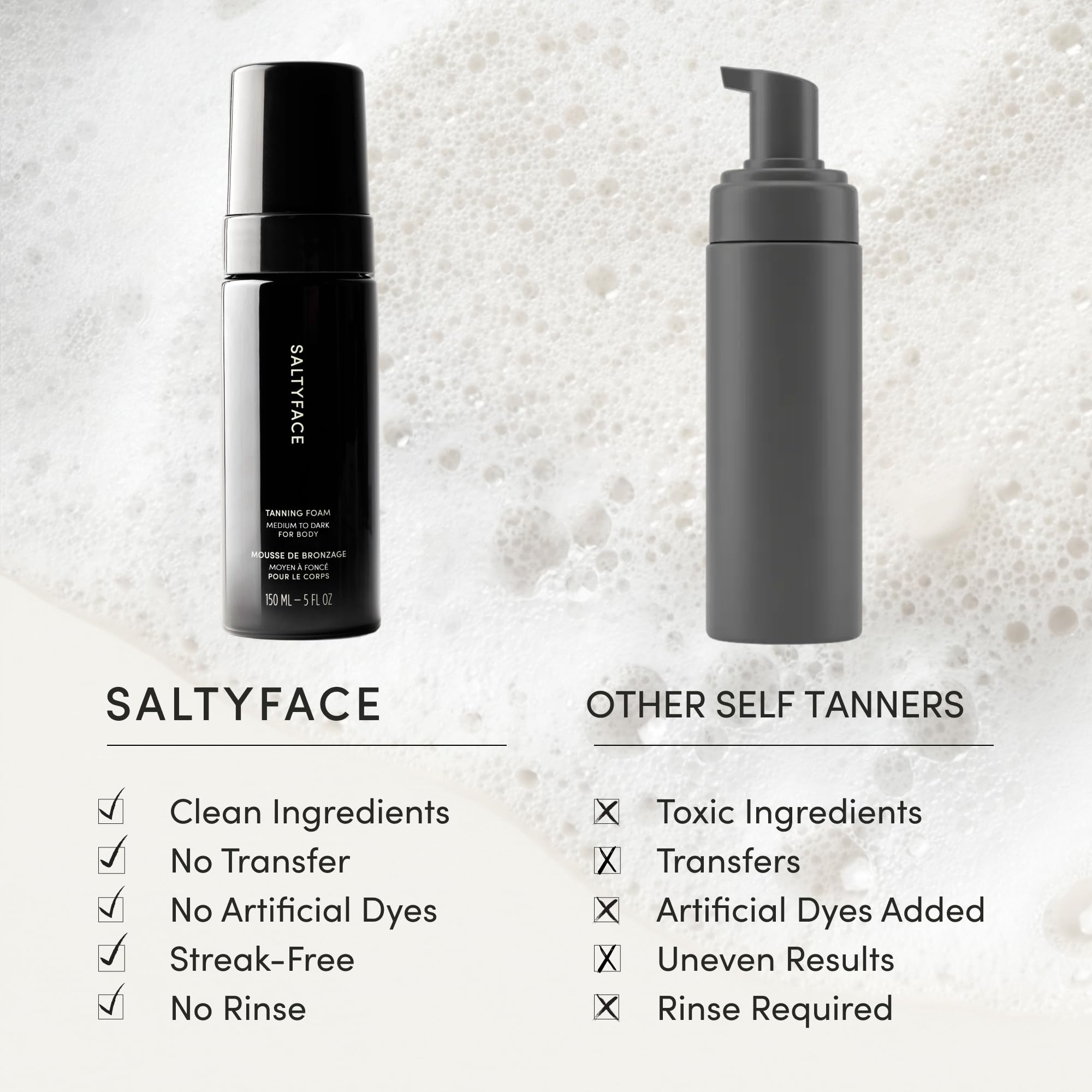 SALTYFACE tanning foam applied to leg with circular motions for even tone.
