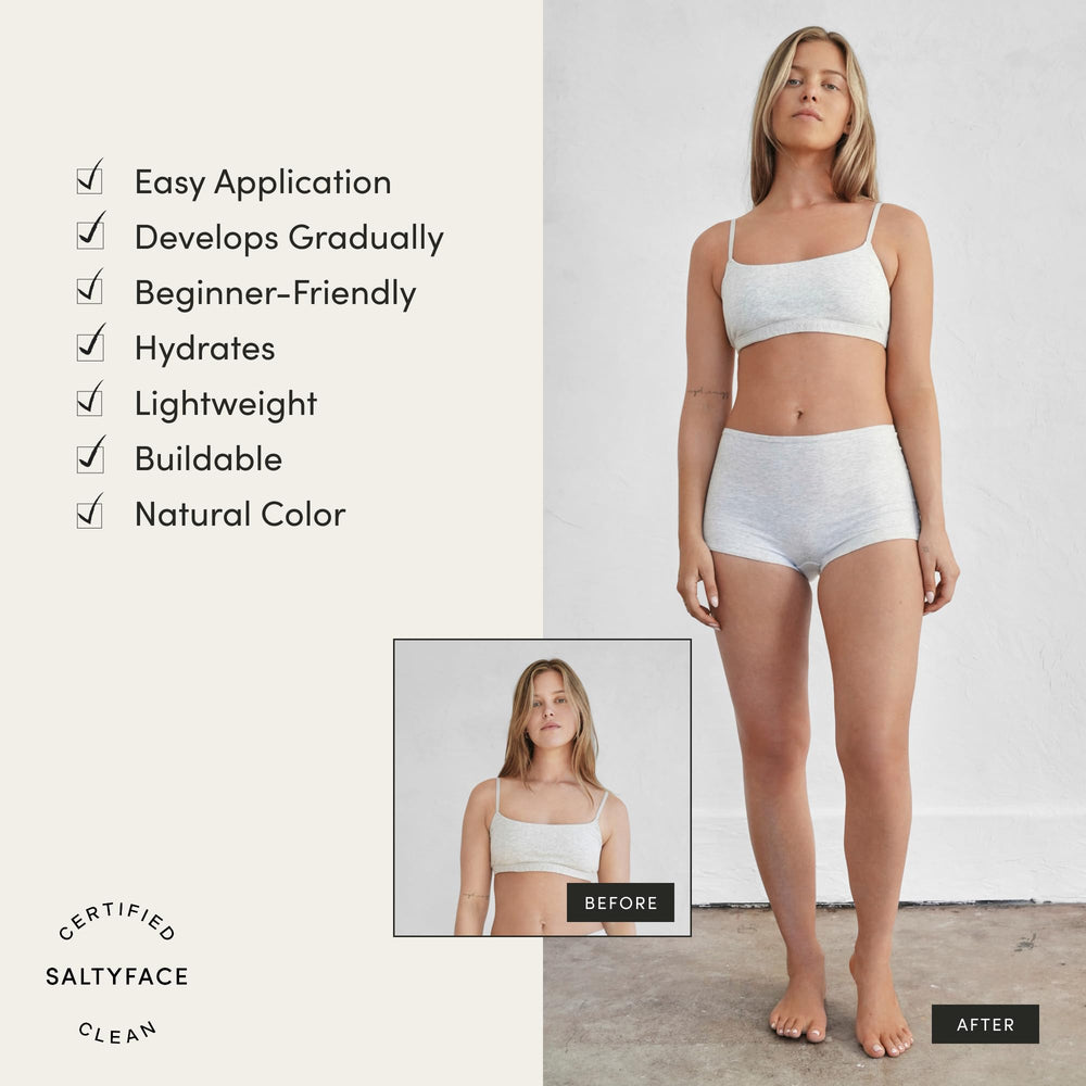 Arm application of SALTYFACE tanning foam for smooth, uniform coverage.