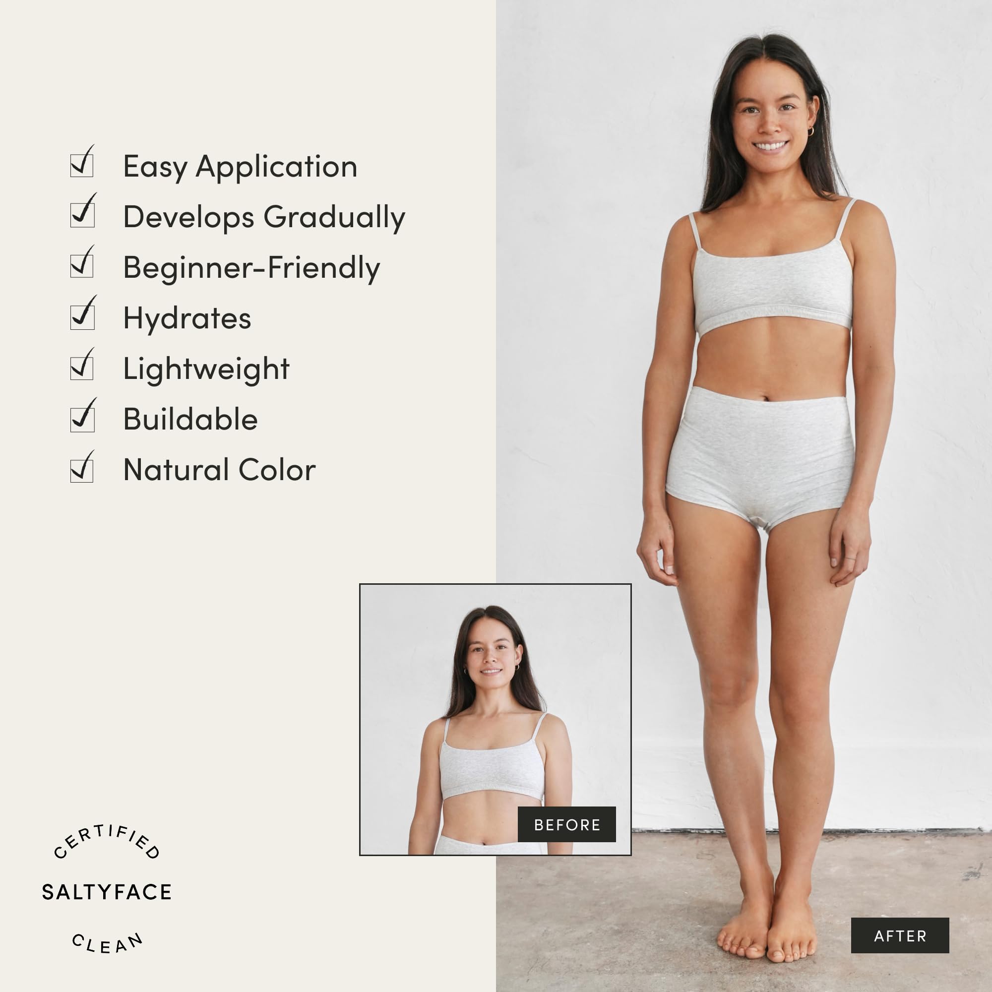 Texture swirls of SALTYFACE tanning foam on skin indicate streak-free results.