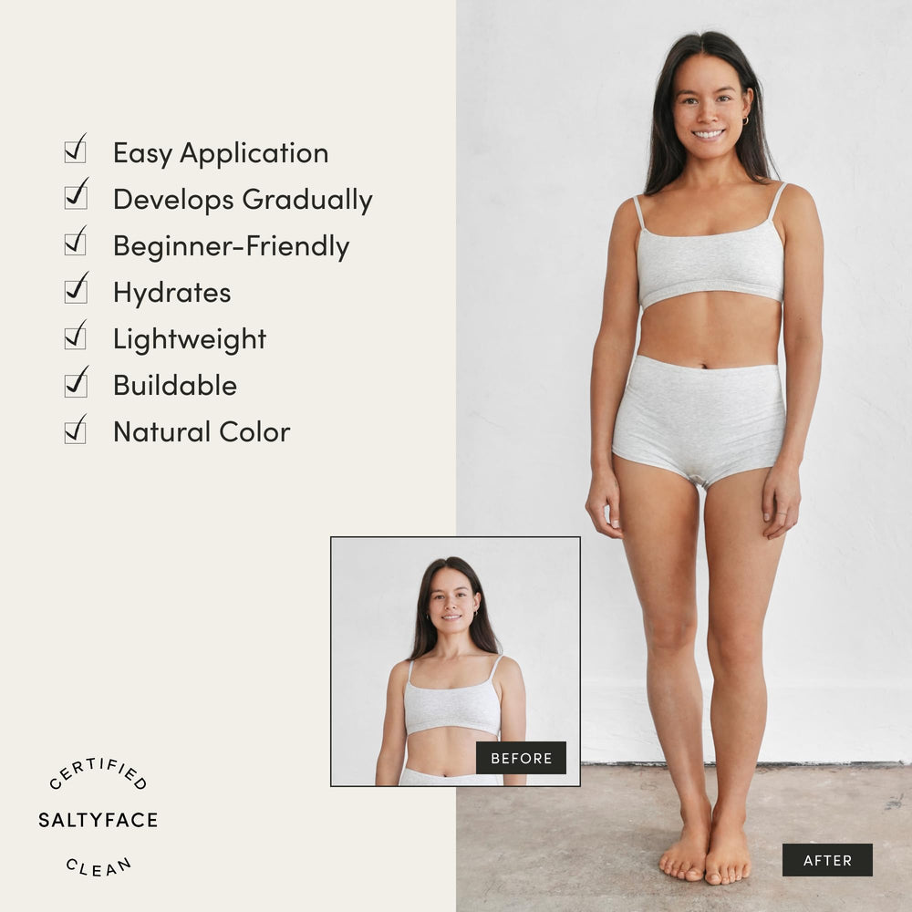 Texture swirls of SALTYFACE tanning foam on skin indicate streak-free results.