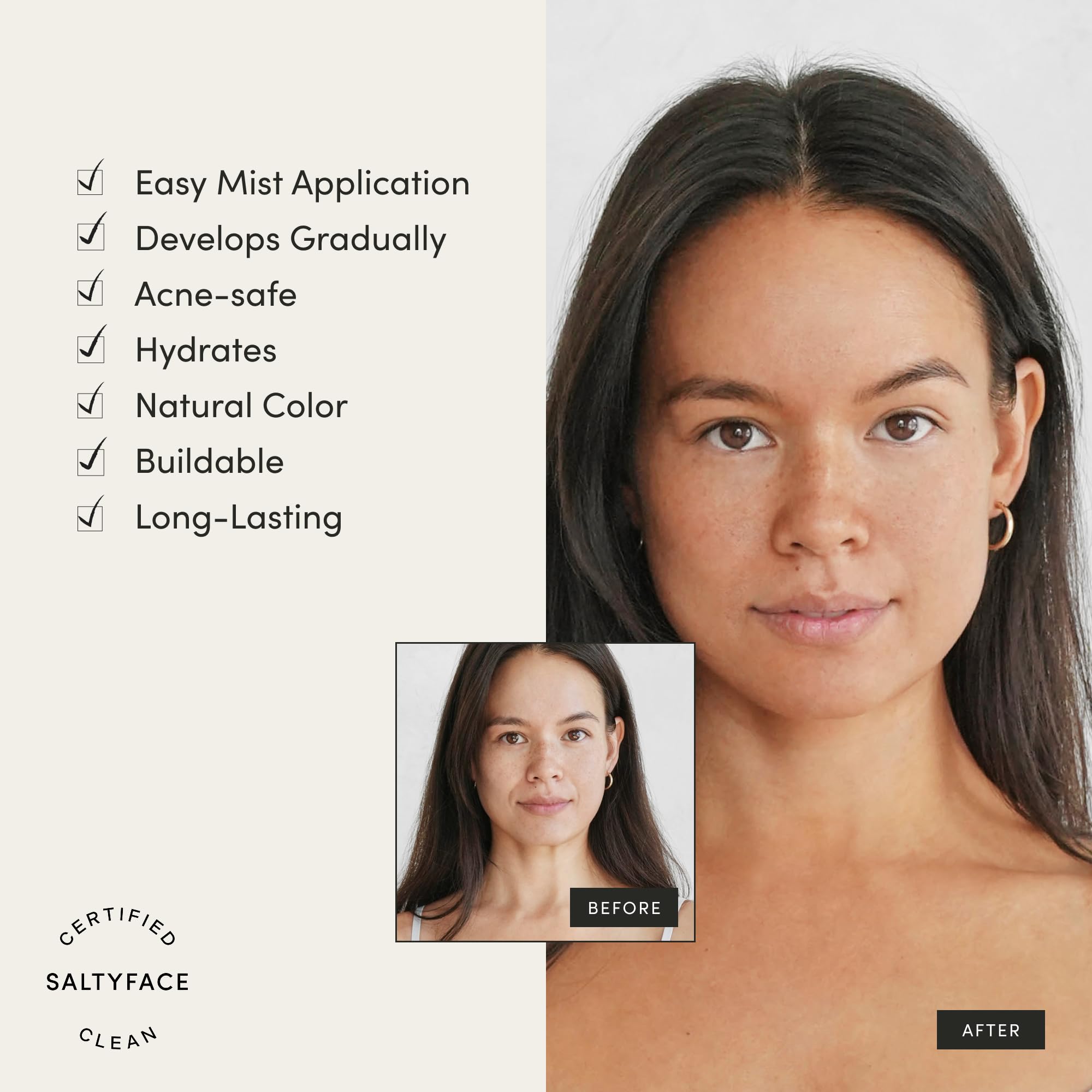 SaltyFace Tanning Water on face neck and chest delivering natural, gradual glow