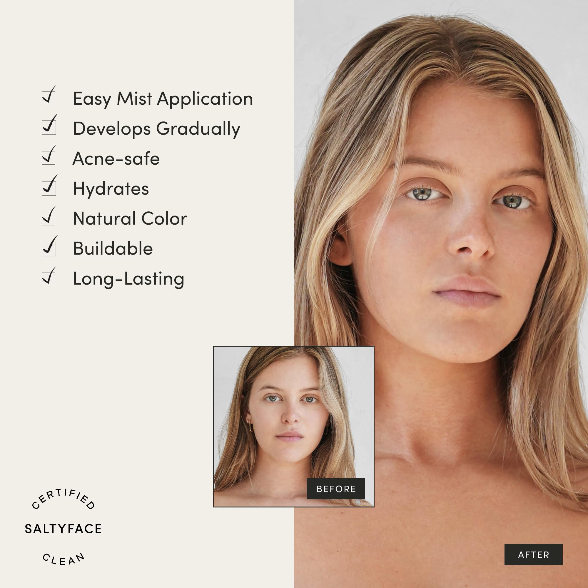 SALTYFACE Tanning Water face-neck-chest application creates a cohesive, sun-free glow.