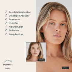 SALTYFACE Tanning Water face-neck-chest application creates a cohesive, sun-free glow.