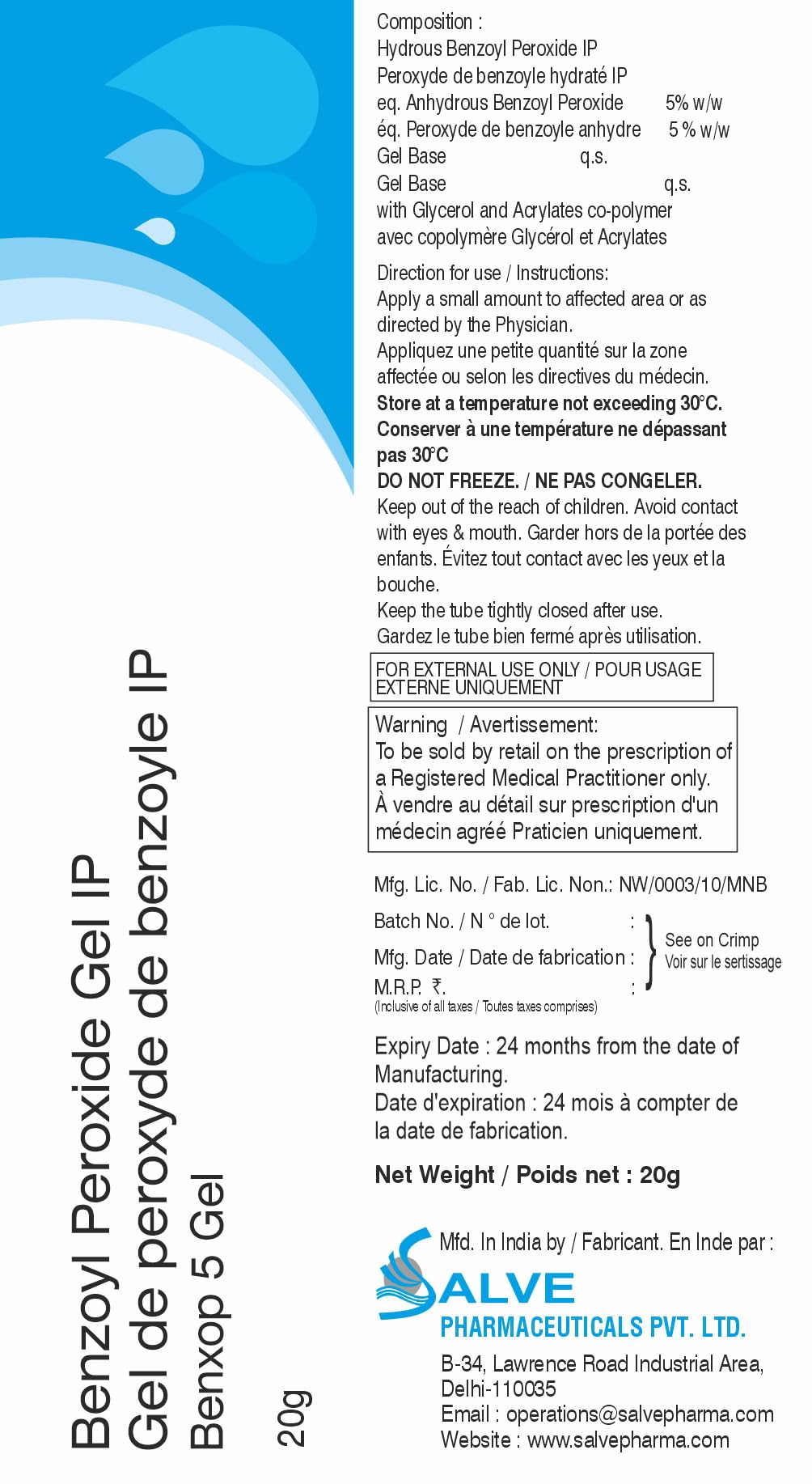 SALVE Benxop external-use reminder and safe-handling on packaging.